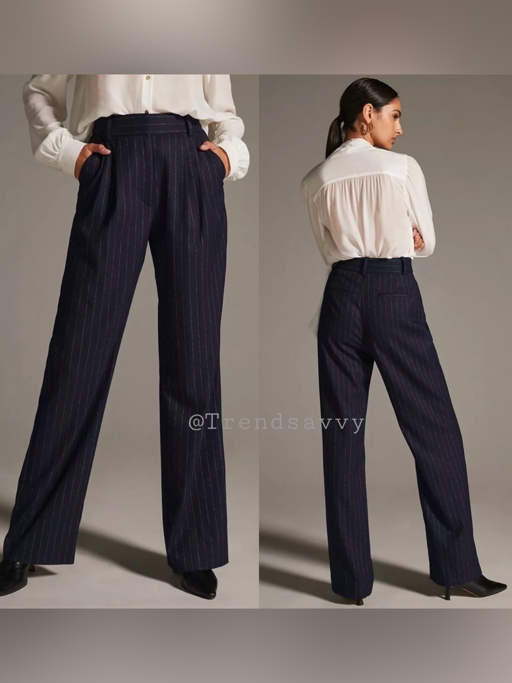 Anthropologie Favorite Daughter Navy Pinstripe Wide Leg Trouser Pants Size 16